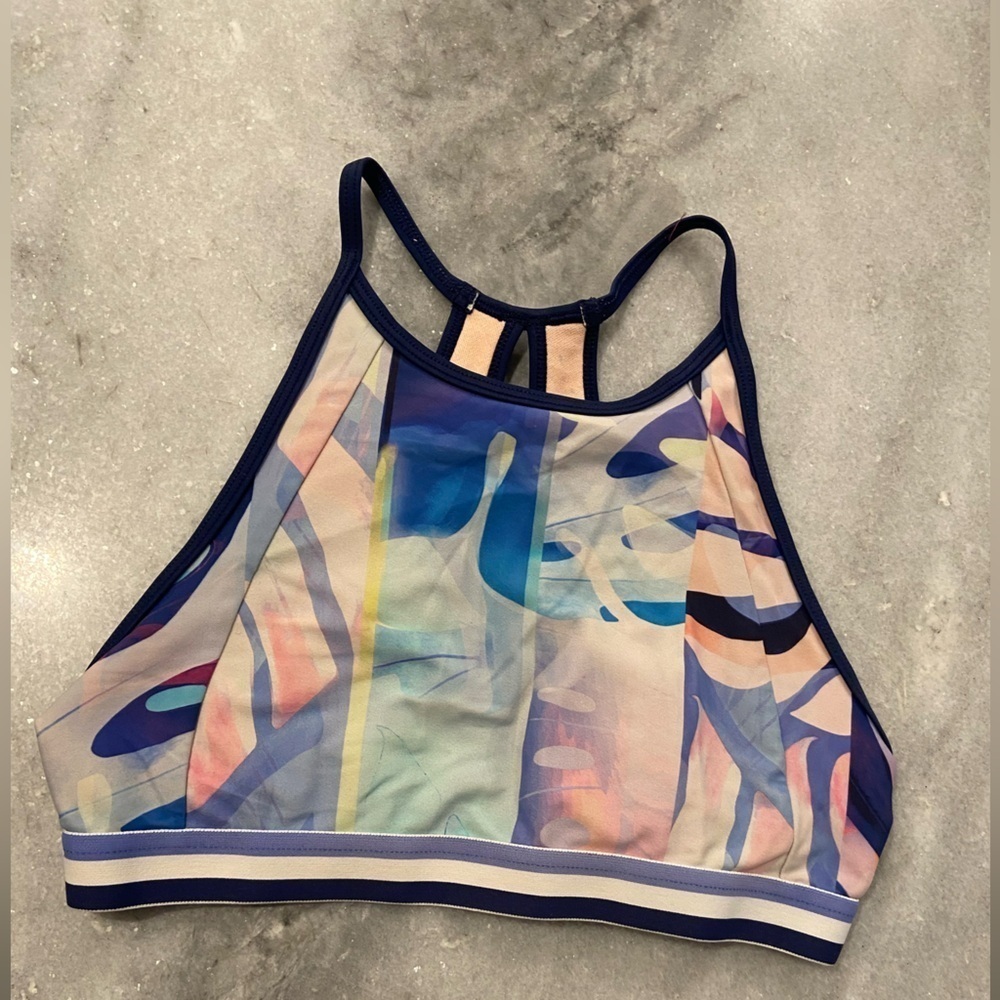 Athleta Girl XL For Shore Bikini Top Thin Strap Navy Blue Purple Tropical Print
